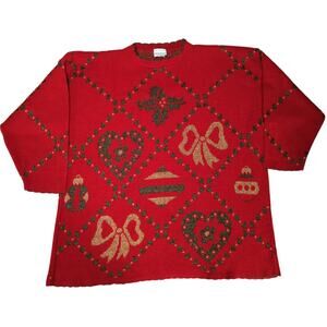 VTG Holiday Time Christmas Sweater Red Gold Ornaments Bows USA 20W